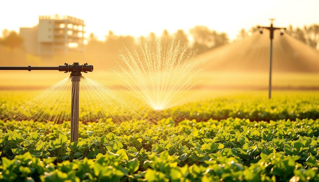 An expansive illustration showcasing the diverse types of sprinkler systems suitable for small farms in Pakistan. In the foreground, a well-maintained, high-efficiency rotary sprinkler system sprays a gentle mist over a lush, verdant crop field. In the middle ground, a visually striking, oscillating sprinkler head evenly distributes water across a row of young plants. In the background, a towering, impact sprinkler with adjustable spray patterns stands tall, providing comprehensive coverage. The scene is bathed in warm, golden natural lighting, creating a serene, productive atmosphere. The image conveys the versatility and efficacy of these sprinkler systems in maximizing crop yields for small-scale agricultural operations.