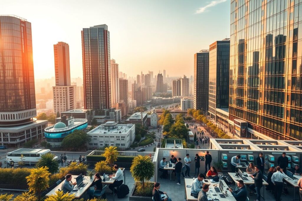 A bustling cityscape with modern high-rise buildings, gleaming glass facades, and a vibrant atmosphere. In the foreground, a thriving tech hub teeming with activity - software engineers coding at their desks, entrepreneurs discussing ideas, and young professionals collaborating in open workspaces. The middle ground showcases the growth of the digital economy, with digital marketplaces, e-commerce platforms, and fintech solutions prominently displayed. In the background, a panoramic view of the cityscape, reflecting the rapid transformation and expansion of Pakistan's digital landscape. Warm, natural lighting illuminates the scene, conveying a sense of optimism and progress. The overall composition emphasizes the dynamism, innovation, and immense potential of Pakistan's digital economy.