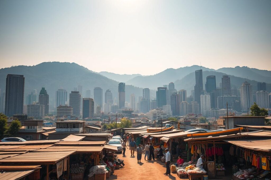 A bustling cityscape with skyscrapers and modern infrastructure, set against a backdrop of lush green hills. In the foreground, a thriving marketplace with vendors selling a variety of goods, reflecting the economic growth and vibrancy of the country. Bright sunlight filters through the scene, casting warm shadows and highlighting the activity below. The overall atmosphere conveys a sense of political stability and economic recovery, with a focus on the positive impact of these factors on the nation's economic progress. A bustling cityscape with skyscrapers and modern infrastructure, set against a backdrop of lush green hills. In the foreground, a thriving marketplace with vendors selling a variety of goods, reflecting the economic growth and vibrancy of the country. Bright sunlight filters through the scene, casting warm shadows and highlighting the activity below. The overall atmosphere conveys a sense of political stability and economic recovery, with a focus on the positive impact of these factors on the nation's economic progress.