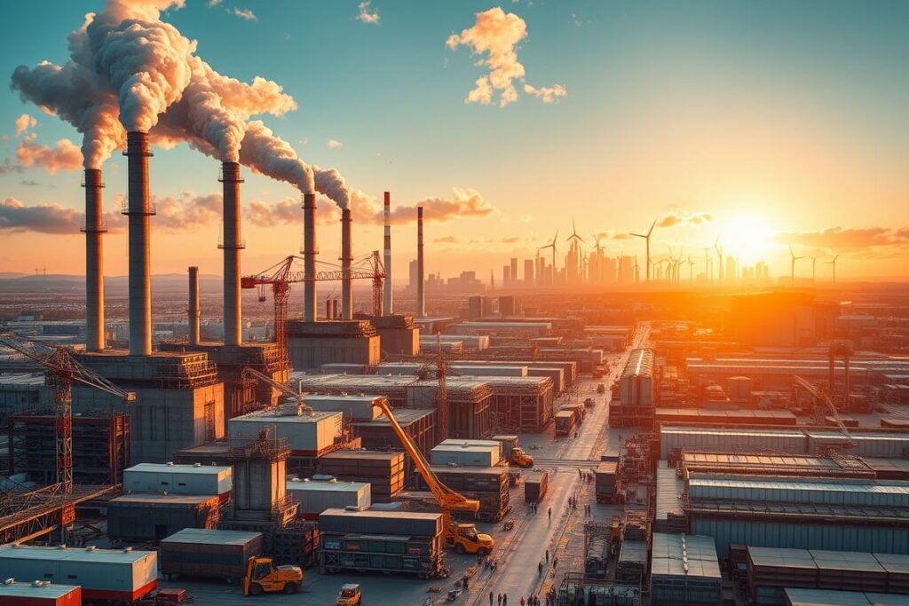 A bustling industrial landscape, bathed in the warm glow of revitalization. In the foreground, towering smokestacks belch streams of steam, signaling the rebirth of manufacturing might. Vast factory complexes, their facades adorned with bold, modernist designs, stand as beacons of progress. Cranes and forklifts dart about, orchestrating the efficient movement of raw materials and finished goods. The middle ground is a tapestry of activity, with workers in hard hats and overalls bustling between workshops and warehouses. In the distance, a skyline of gleaming skyscrapers and towering wind turbines hints at the integration of new, sustainable technologies. The overall atmosphere exudes a palpable sense of energy, determination, and a collective drive to reclaim industrial dominance.