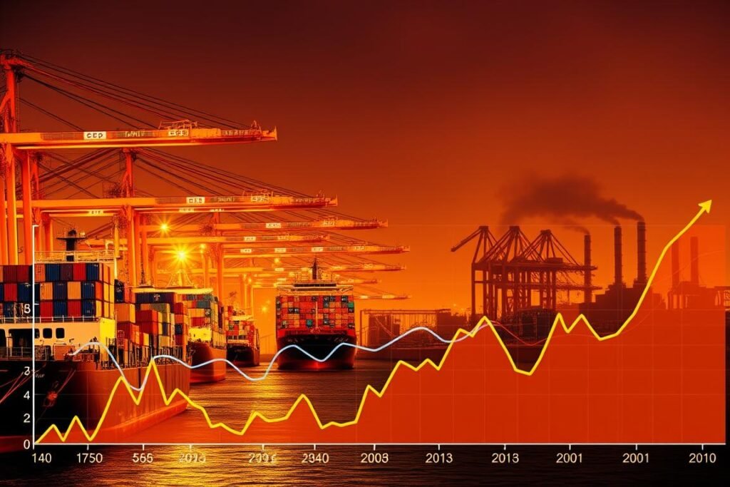 A bustling trading port, ships unloading cargo, cranes swinging overhead. In the foreground, a graph depicting the trade deficit, colorful lines charting import and export trends. Illuminated by warm, golden lighting, the scene conveys a sense of urgency and the need for strategic action. In the background, factory silhouettes, workers bustling, symbolizing the importance of domestic production. Angle the camera slightly upward, lending a sense of scale and the gravity of the situation. Emphasize the interconnectedness of trade, economics, and national prosperity through a carefully balanced, visually compelling composition.