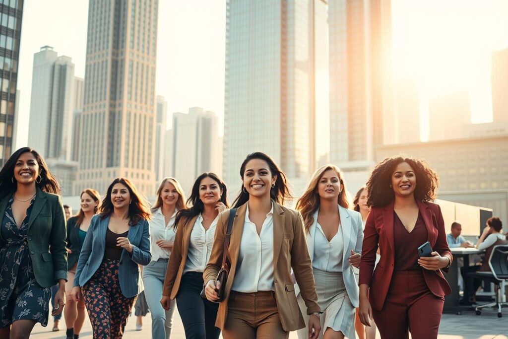 A bustling urban scene, capturing the dynamic presence of women in the workforce. In the foreground, a group of diverse female professionals stride with purpose, their expressions radiating determination. The middle ground reveals a thriving office environment, with women collaborating at desks, engaged in meetings, and navigating the corridors. The background features towering skyscrapers, casting a warm glow from the sun's rays, symbolizing the growing economic opportunities available to women. The lighting is soft and natural, enhancing the sense of empowerment and progress. The composition emphasizes the integration of women in high-skill, high-impact roles, challenging gender stereotypes and showcasing their invaluable contributions to the local economy.