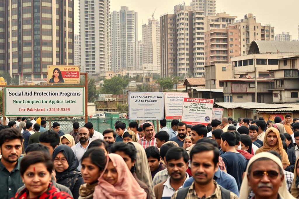A bustling urban scene with a focus on social protection programs in Pakistan. In the foreground, people of diverse backgrounds line up at a government aid distribution center, their expressions a mix of hope and uncertainty. In the middle ground, caseworkers diligently process applications, surrounded by signage outlining various social welfare initiatives. The background is a blend of modern highrise buildings and humble residential structures, conveying the juxtaposition of economic realities. Warm, diffused lighting creates a sense of compassion, while the composition emphasizes the interconnectedness of the community. The overall mood is one of resilience and a collective determination to address societal challenges.