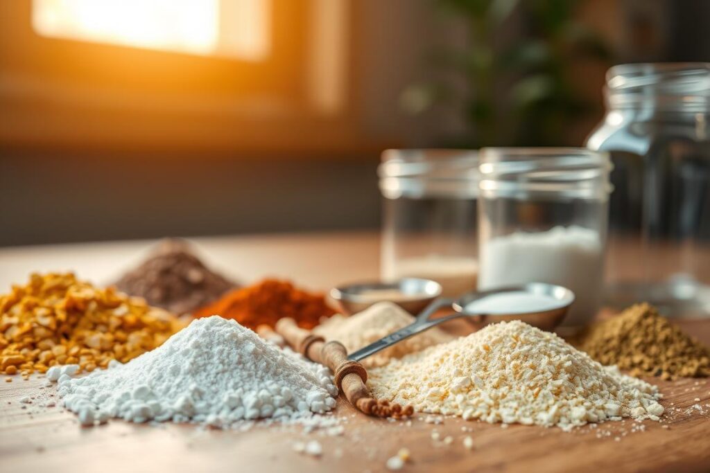 A close-up view of various micronutrient fertilizer granules and powders, neatly arranged on a wooden surface. The scene is illuminated by soft, natural lighting from a window, creating warm, golden tones. The foreground showcases an assortment of nutrient-rich materials, such as boron, zinc, and copper salts, each with a distinct texture and color. The middle ground features small measuring spoons and a clean, glass jar, hinting at the precise application of these essential micronutrients. The background is blurred, allowing the viewer to focus on the delicate details of the fertilizer components. The overall composition conveys the importance of these often-overlooked, yet vital, supplements for healthy plant growth.