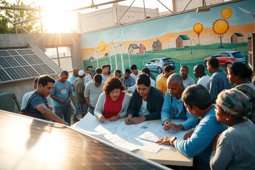 A community center bustling with people engaged in energy-saving initiatives. In the foreground, a group of volunteers installing solar panels on the rooftop, their faces lit by the warm glow of the afternoon sun. In the middle ground, residents gathered around a table, poring over blueprints and discussing plans for a neighborhood-wide energy efficiency program. In the background, a mural depicting wind turbines and electric vehicles, symbolizing the community's commitment to renewable energy. The scene is infused with a sense of purpose and collaboration, capturing the spirit of grassroots efforts to address the energy crisis.