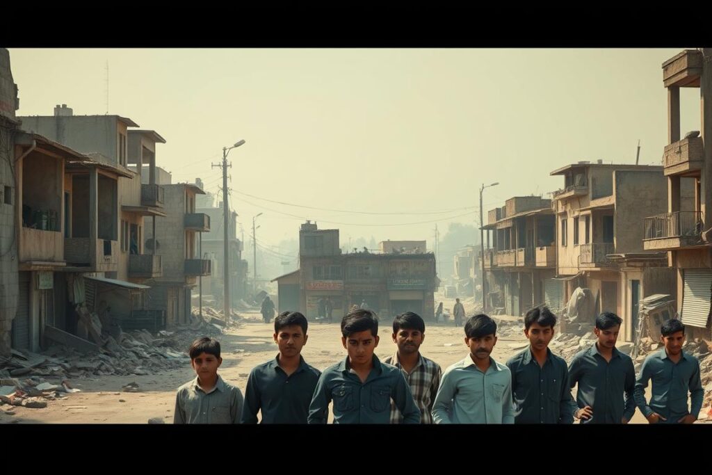 A dilapidated urban landscape in Pakistan, with crumbling buildings, unpaved roads, and a sense of economic stagnation. In the foreground, a group of young people, their faces etched with worry and frustration, stand idly by, their hands in their pockets, symbolizing the struggle to find employment. In the middle ground, a few small businesses struggle to stay afloat, their owners peering out from behind dusty windows. The background is a hazy, muted palette, conveying a sense of hopelessness and a lack of opportunity. The lighting is harsh, casting long shadows that accentuate the grim reality of the scene. The overall atmosphere is one of despair and uncertainty, reflecting the pressing issue of youth unemployment in Pakistan.