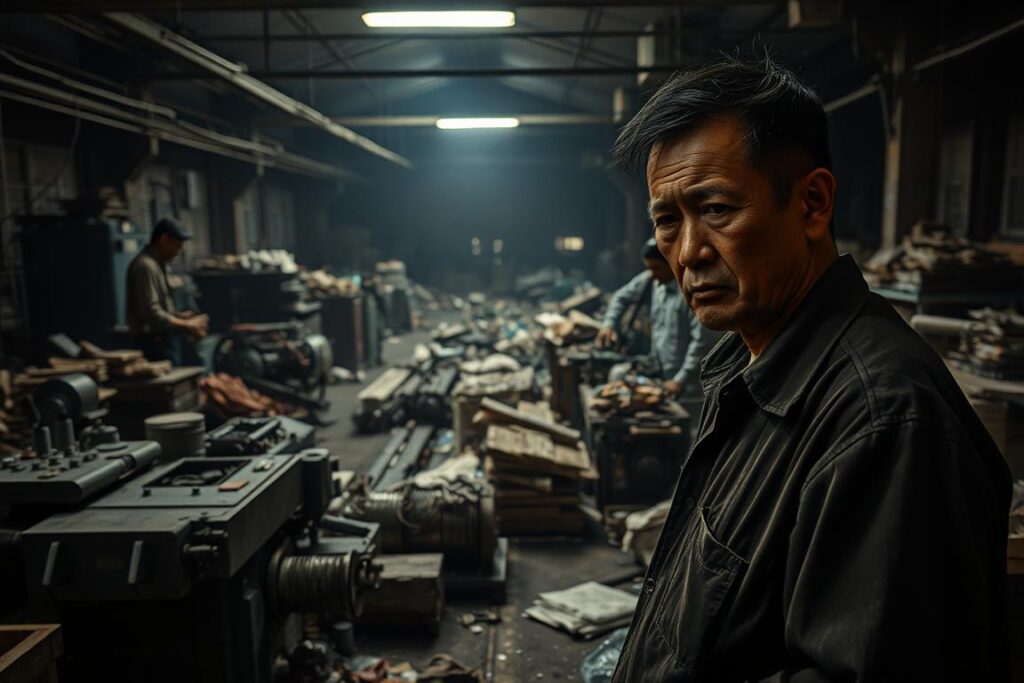 A dimly lit industrial workshop, with machinery and equipment scattered across the cluttered floor. In the foreground, a weary factory worker inspects a malfunctioning piece of equipment, his brow furrowed with concern. The middle ground is filled with piles of raw materials and half-finished products, indicative of the challenges faced by local manufacturers. The background is shrouded in shadows, conveying a sense of uncertainty and the pressing need for policy reforms to address the declining growth in this sector. The scene is lit by harsh, overhead lighting, casting long shadows and emphasizing the gritty, utilitarian nature of the space.