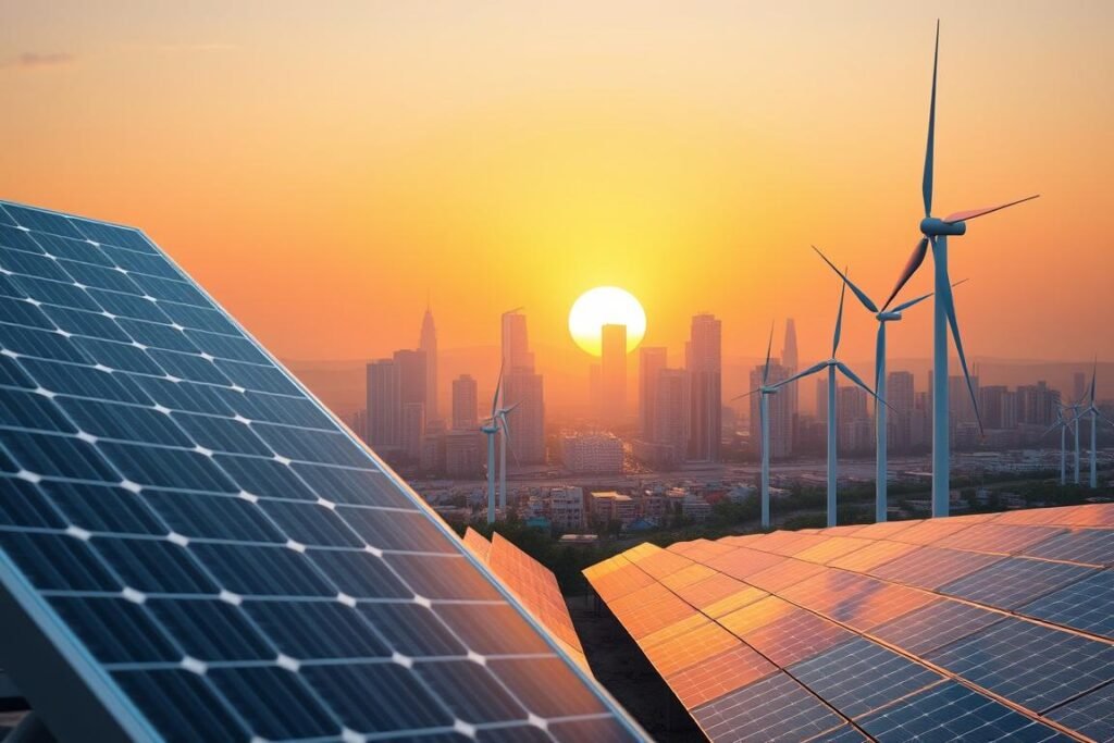 A dynamic 3D rendering of an energy reform scene, with a focus on renewable power sources. In the foreground, sleek solar panels and wind turbines stand tall, generating clean electricity. The middle ground features a bustling cityscape, with modern skyscrapers and infrastructure powered by the renewable energy. In the background, a glowing horizon of warm hues symbolizes a sustainable future. Crisp lighting casts dramatic shadows, creating a sense of depth and motion. The overall composition conveys a vision of progress, innovation, and a greener, more prosperous Pakistan.