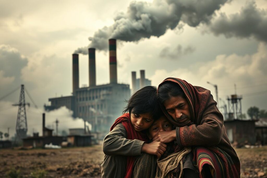 A large factory looming in the background, surrounded by billowing smoke and clouds of smog. In the foreground, a struggling family huddled together, faces etched with worry, as they try to make ends meet amidst the rising prices of basic necessities. The scene is bathed in a dim, gloomy light, reflecting the overall economic gloom and despair. The composition emphasizes the contrast between the towering industrial might and the helplessness of the individual, encapsulating the profound impact of inflation on the everyday lives of the people.