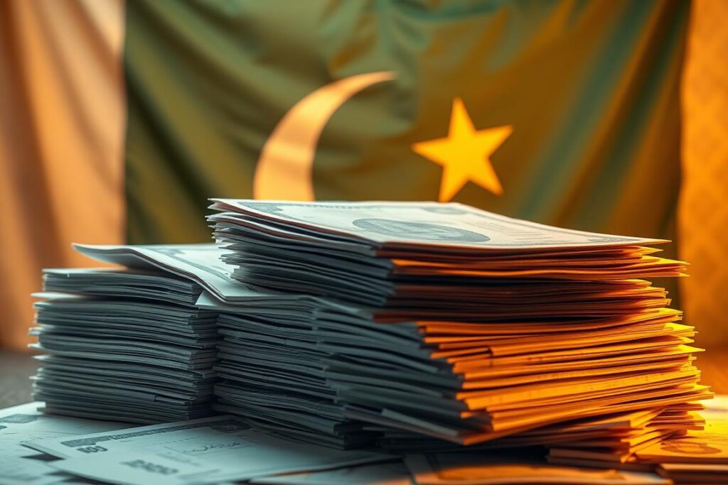 A large stack of government bonds, bills, and documents representing the heavy external debt burden of Pakistan, set against a backdrop of the country's national flag. The scene is illuminated by warm, golden lighting, creating a sense of economic concern and financial strain. The foreground features meticulously detailed financial paperwork, while the middle ground showcases the iconic crescent moon and star symbol, symbolizing the nation's identity. The background subtly blends into a hazy, textured pattern, evoking the complexity and gravity of the country's debt challenges.