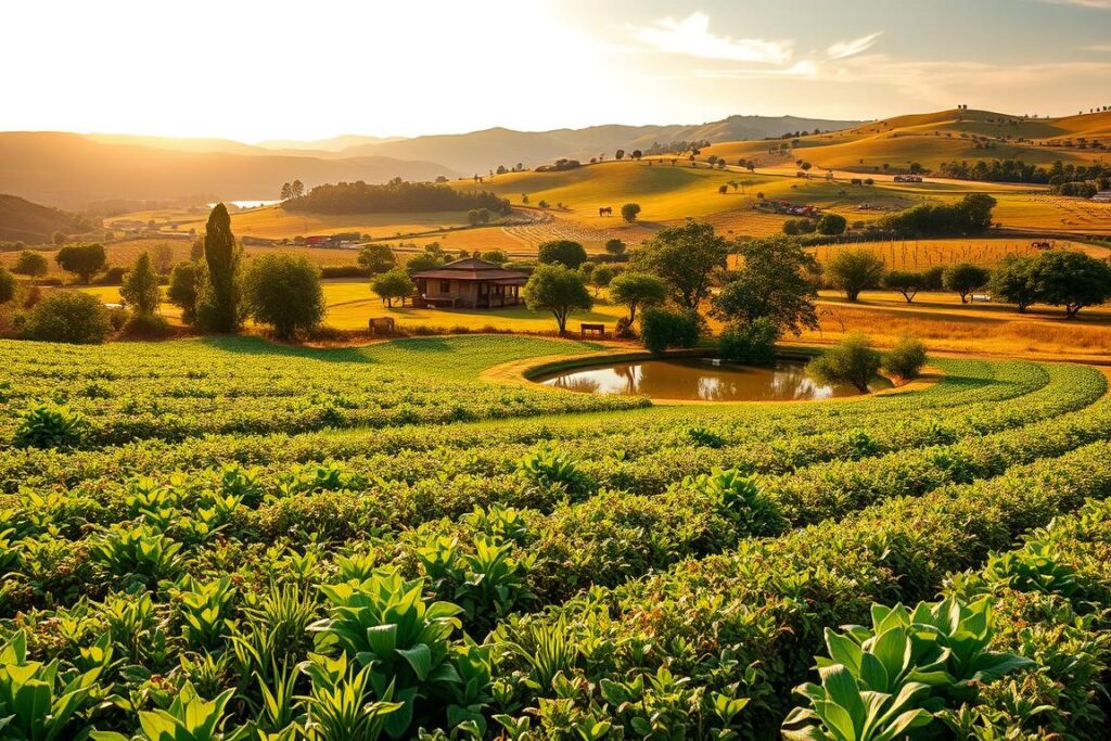 A lush, sun-dappled landscape showcasing climate-resilient agricultural practices. In the foreground, a diverse polyculture of vibrant crops thrives, with rows of drought-resistant grains and leafy greens interspersed with strategically placed trees providing shade and windbreaks. The middle ground reveals a small, well-tended family farm, with a traditional earthen-roofed structure and a serene pond surrounded by native flora. In the distance, rolling hills dotted with healthy, resilient orchards and grazing livestock paint a picture of a sustainable, adaptable agricultural ecosystem. The warm, golden light filters through wispy clouds, evoking a sense of hope and prosperity in the face of a changing climate.