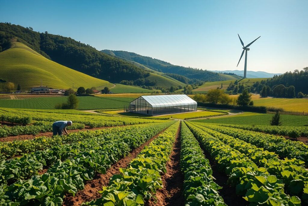 A lush, verdant farm nestled amid rolling hills, with rows of diverse crops thriving in the sunlight. In the foreground, a farmer tends to the soil, using sustainable practices to nurture the land. In the middle ground, a modern greenhouse stands, its glass panels reflecting the blue sky above. In the distance, a wind turbine spins, harnessing renewable energy to power the farm's operations. The scene is bathed in a warm, golden light, conveying a sense of resilience and harmony between nature and technology. The overall mood is one of hope and optimism for a future where agriculture can adapt and thrive in the face of climate change. A lush, verdant farm nestled amid rolling hills, with rows of diverse crops thriving in the sunlight. In the foreground, a farmer tends to the soil, using sustainable practices to nurture the land. In the middle ground, a modern greenhouse stands, its glass panels reflecting the blue sky above. In the distance, a wind turbine spins, harnessing renewable energy to power the farm's operations. The scene is bathed in a warm, golden light, conveying a sense of resilience and harmony between nature and technology. The overall mood is one of hope and optimism for a future where agriculture can adapt and thrive in the face of climate change.
