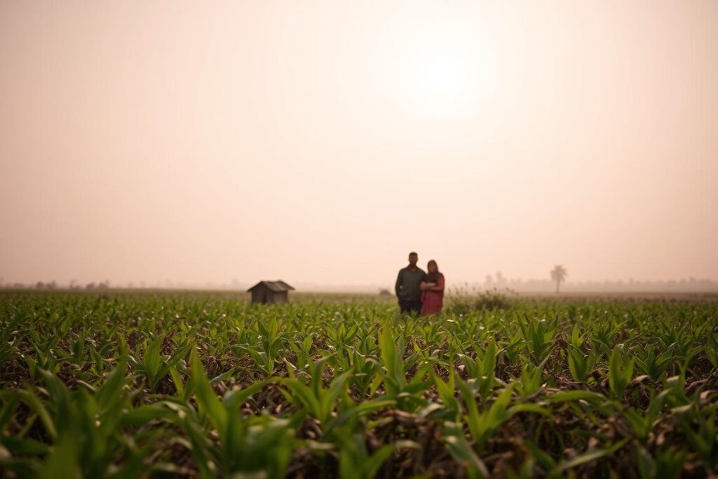 A lush, verdant field lies in the foreground, its once-thriving crops now withered and dry. In the middle ground, a family huddles beside their small farm, expressions clouded with worry as they survey the devastation. The background is dominated by a hazy, sun-drenched sky, hinting at the scorching temperatures and erratic weather patterns that have led to this crop failure. Soft, diffused lighting casts a muted, melancholic tone, conveying the sense of despair and resilience in the face of climate-induced agricultural challenges. The image captures the fragility of the agricultural ecosystem and the human toll of crop losses, a poignant testament to the need for innovative solutions to combat the impacts of climate change. A lush, verdant field lies in the foreground, its once-thriving crops now withered and dry. In the middle ground, a family huddles beside their small farm, expressions clouded with worry as they survey the devastation. The background is dominated by a hazy, sun-drenched sky, hinting at the scorching temperatures and erratic weather patterns that have led to this crop failure. Soft, diffused lighting casts a muted, melancholic tone, conveying the sense of despair and resilience in the face of climate-induced agricultural challenges. The image captures the fragility of the agricultural ecosystem and the human toll of crop losses, a poignant testament to the need for innovative solutions to combat the impacts of climate change.