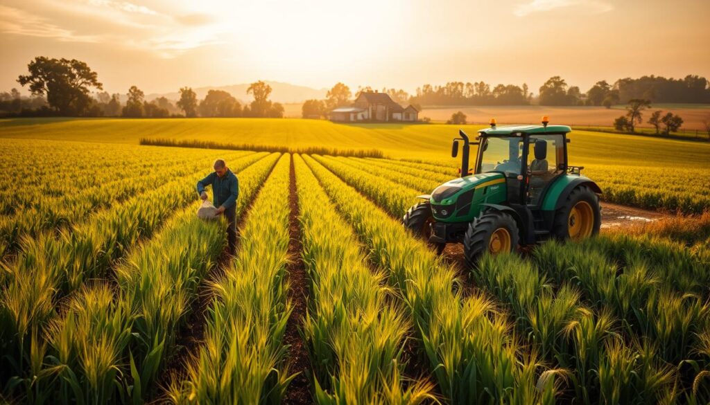 A lush, verdant field with rows of flourishing wheat plants, illuminated by warm, golden sunlight filtering through wispy clouds. In the foreground, a farmer carefully spreads a mixture of organic compost and natural minerals, nourishing the soil with sustainable practices. In the middle ground, a modern, eco-friendly tractor gently tills the earth, aerating the soil and preparing it for the next planting season. In the distance, a picturesque farmhouse and surrounding trees create a serene, pastoral scene, conveying a sense of harmony between nature and responsible agricultural techniques. A lush, verdant field with rows of flourishing wheat plants, illuminated by warm, golden sunlight filtering through wispy clouds. In the foreground, a farmer carefully spreads a mixture of organic compost and natural minerals, nourishing the soil with sustainable practices. In the middle ground, a modern, eco-friendly tractor gently tills the earth, aerating the soil and preparing it for the next planting season. In the distance, a picturesque farmhouse and surrounding trees create a serene, pastoral scene, conveying a sense of harmony between nature and responsible agricultural techniques.