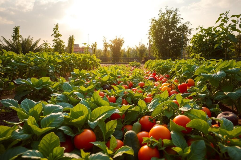 A lush, verdant home garden brimming with a vibrant array of the best vegetables for Pakistani climate and cuisine. In the foreground, leafy greens like spinach, kale, and Swiss chard sway gently in a soft breeze. Surrounding them, rows of plump tomatoes, crisp cucumbers, and colorful bell peppers thrive under the warm, golden sunlight streaming through wispy clouds. In the background, towering potato plants and robust eggplant bushes create a sense of abundance and productivity. The scene is bathed in a serene, earthy tone, capturing the natural harmony of a thriving, self-sustaining home vegetable garden.