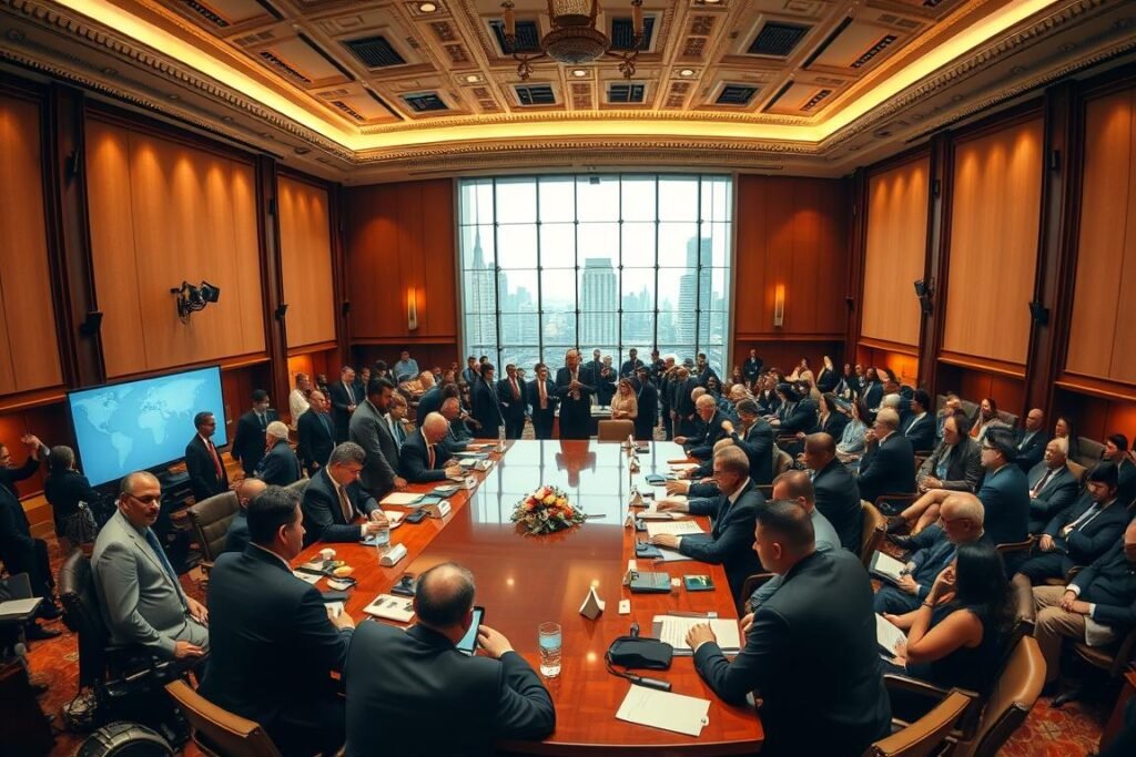 A panoramic view of a bustling international trade conference hall, with delegates from diverse nations engaged in lively negotiations. Warm, diffused lighting illuminates the scene, casting a sense of collaboration and diplomacy. In the foreground, representatives from various companies and government agencies sit around a large, polished conference table, their body language conveying both cooperation and subtle tension as they discuss the nuances of trade agreements. In the middle ground, support staff scurry about, carrying briefcases and documents, while interpreters whisper translations. The background showcases a grand, architecturally striking venue with high ceilings, intricate moldings, and floor-to-ceiling windows offering glimpses of the cityscape beyond, symbolizing the global scale of these negotiations.