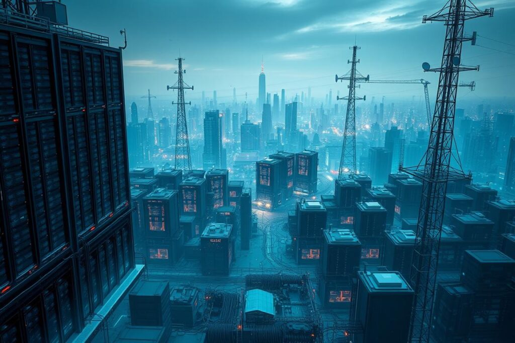 A sprawling digital cityscape, with towering data centers and communication towers piercing the sky. In the foreground, a web of fiber-optic cables, servers, and glowing panels convey the complex infrastructure powering the digital realm. The middle ground features a bustling hub of activity, with technicians and engineers maintaining the intricate systems. In the background, a hazy skyline of skyscrapers and tech campuses, all connected by a web of wireless signals and satellite dishes. The scene is bathed in a cool, bluish light, evoking the sleek, futuristic aesthetic of a modern digital landscape. The overall mood is one of both awe and unease, reflecting the challenges and vulnerabilities inherent in Pakistan's evolving digital economy.