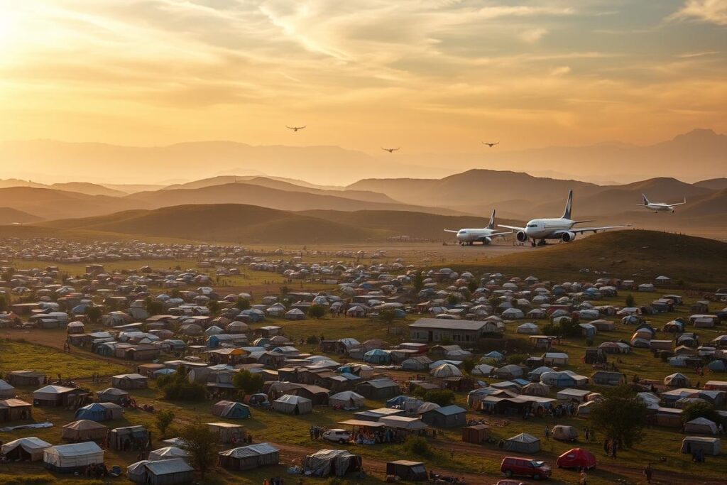 A sprawling refugee camp nestled amidst lush, rolling hills. Dozens of tents and temporary shelters dot the landscape, their bright hues contrasting against the muted greens and browns. Aid workers and volunteers bustle about, distributing food, water, and medical supplies to the displaced families. In the distance, cargo planes touch down, delivering crucial supplies from the international community. The sky is a hazy blend of warm, golden sunlight and wispy clouds, casting a hopeful, yet somber mood over the scene. A complex tapestry of human resilience and global compassion.