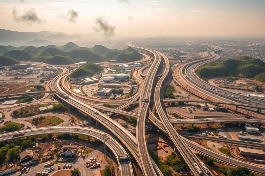 A sweeping aerial view of bustling infrastructure development in Pakistan. In the foreground, construction crews work diligently on modern highways, bridges, and interchanges, their cranes and machinery dotting the landscape. The middle ground features thriving industrial zones, with factories and warehouses humming with activity. In the distance, a network of high-speed rail lines snakes through lush, verdant hills, connecting major cities. The scene is bathed in warm, golden light, conveying a sense of progress and economic vitality. Wispy clouds drift overhead, and the entire composition has a cinematic, almost utopian quality, capturing the country's ambitious plans for transforming its transportation and logistics capabilities. A sweeping aerial view of bustling infrastructure development in Pakistan. In the foreground, construction crews work diligently on modern highways, bridges, and interchanges, their cranes and machinery dotting the landscape. The middle ground features thriving industrial zones, with factories and warehouses humming with activity. In the distance, a network of high-speed rail lines snakes through lush, verdant hills, connecting major cities. The scene is bathed in warm, golden light, conveying a sense of progress and economic vitality. Wispy clouds drift overhead, and the entire composition has a cinematic, almost utopian quality, capturing the country's ambitious plans for transforming its transportation and logistics capabilities.