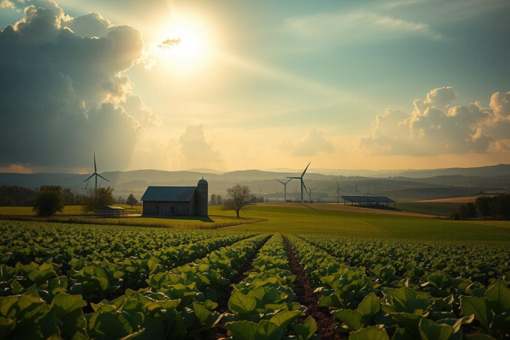 A sweeping agricultural landscape, lush and verdant, but with subtle signs of strain. In the foreground, rows of crops struggle against the elements, their leaves wilting under the glare of a harsh, low-angle sun. Towering cumulus clouds cast dramatic shadows, hinting at the dynamic forces of climate change at play. The middle ground features a family-owned farm, its weathered barn and silos standing as symbols of resilience amidst the shifting conditions. In the distance, rolling hills fade into a hazy horizon, where the faint silhouettes of wind turbines and solar panels suggest the impact of policy interventions aimed at mitigating the effects of global warming. Lighting is dramatic, with warm, golden tones illuminating the scene, creating a sense of both hope and urgency.