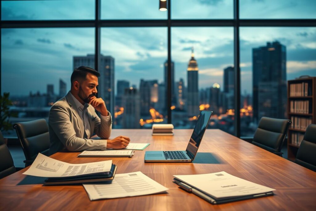 A tranquil business office at dusk, with a panoramic window overlooking a bustling cityscape. In the foreground, a wooden conference table hosts financial documents, laptop, and a dignified-looking person deep in thought. Soft, warm lighting casts gentle shadows, creating an atmosphere of contemplation and strategic planning. The middle ground features shelves of organized files and ledgers, hinting at the intricacies of debt restructuring. The background showcases the urban skyline, a subtle metaphor for the complexities and challenges faced in managing public debt and external borrowing.
