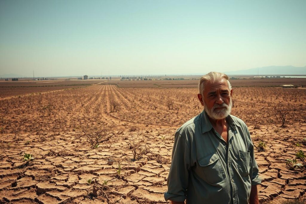 A vast, parched landscape where once lush farmlands thrived, now scorched by the relentless heat of climate change. In the foreground, a solitary farmer surveys the withered crops, his weathered face etched with worry. In the middle ground, cracked earth and wilting plants tell the tale of a season gone wrong, while in the distance, a hazy horizon hints at the looming threat of water scarcity. Dramatic, low-angle lighting casts long shadows, conveying a sense of despair and uncertainty. This bleak, dystopian scene captures the financial consequences faced by farmers struggling to adapt to the devastating impacts of a changing climate.