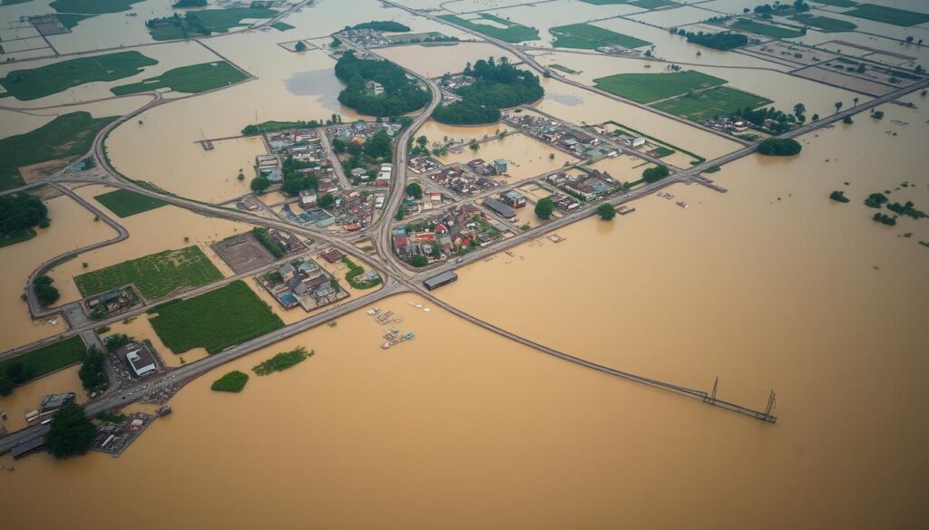 Aerial view of the 2022 Pakistan floods showing submerged agricultural lands and damaged infrastructure