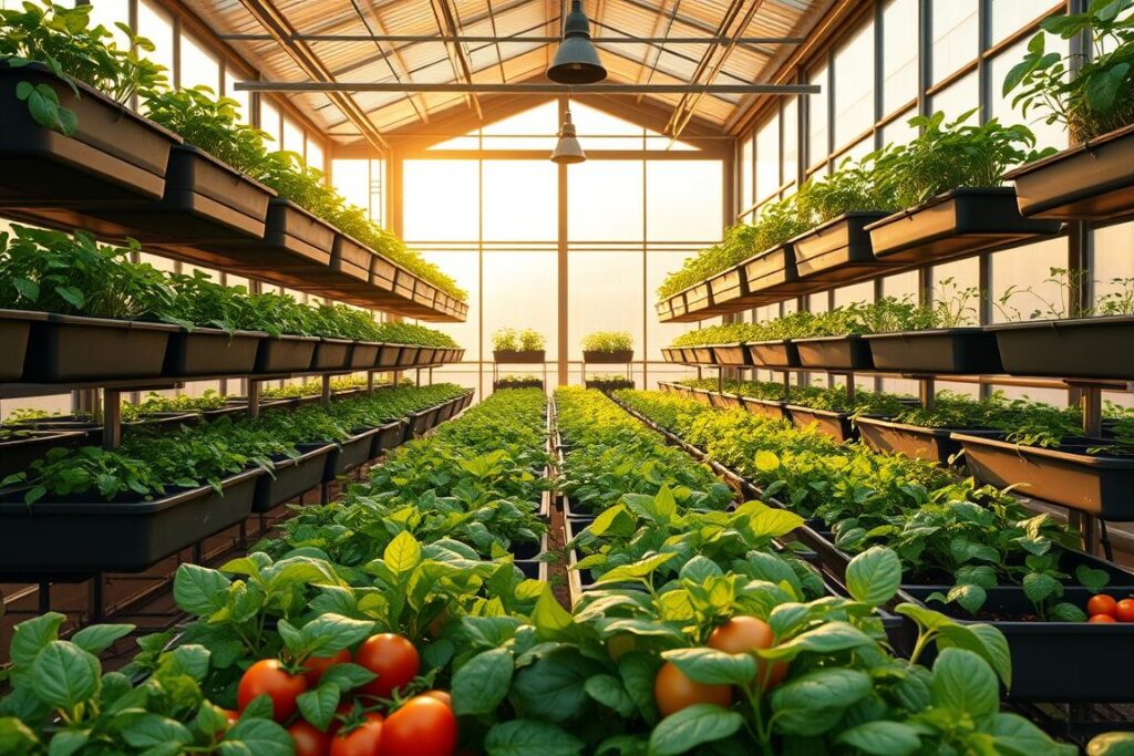 An expansive indoor greenhouse filled with lush, thriving vegetable plants in various stages of growth, nestled in neatly organized rows of sleek, modern containers on tiered shelves. Warm, natural lighting streams in through large windows, casting a soft, golden glow across the scene. The space is meticulously maintained, with a sense of order and efficiency, showcasing the potential of compact, urban container farming. In the foreground, a variety of leafy greens, vibrant tomatoes, and other fresh produce spill out of the containers, highlighting the abundant, high-yield harvest possible in this controlled environment. The overall atmosphere is one of tranquility, productivity, and a connection to nature, even in a limited urban setting.