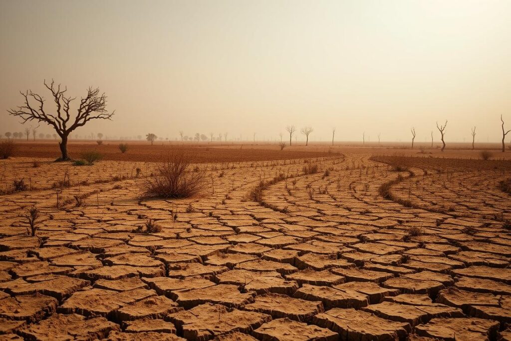 Barren, sun-scorched agricultural fields stretch across the foreground, cracked soil revealing the parched, lifeless earth. In the middle ground, wilted crops and stunted vegetation struggle to survive the relentless drought. Shrouded in a hazy, sepia-toned atmosphere, the distant horizon is dotted with the silhouettes of dying trees, a stark testament to the devastating impact of climate change on Pakistani farmland. Harsh, directional lighting casts long shadows, emphasizing the desolation and despair of this arid landscape. The image evokes a sense of environmental crisis, urging viewers to consider the dire consequences of unchecked global warming on the fragile balance of agricultural ecosystems.