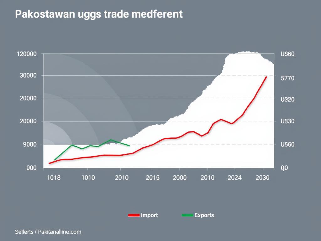 Chart showing Pakistan's trade deficit trend over the past decade with imports and exports