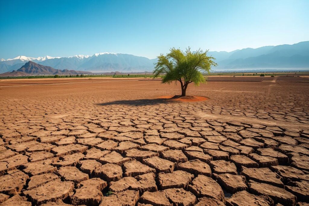 Vast, arid landscapes of Pakistan's rural regions, scorched by the relentless sun, a stark contrast to the lush, verdant fields in the north. Parched soil cracks underfoot, as farmers struggle to coax meager yields from the land. In the distance, towering mountains loom, their snow-capped peaks a distant memory as climate change alters the delicate balance. Vibrant colors give way to muted tones, a visual representation of the regional disparities in the impact of this global crisis. A single, solitary tree stands as a testament to the resilience of nature, even in the face of such adversity. Soft, diffused lighting casts a somber, contemplative mood, inviting the viewer to reflect on the challenges faced by those on the frontlines of climate change.