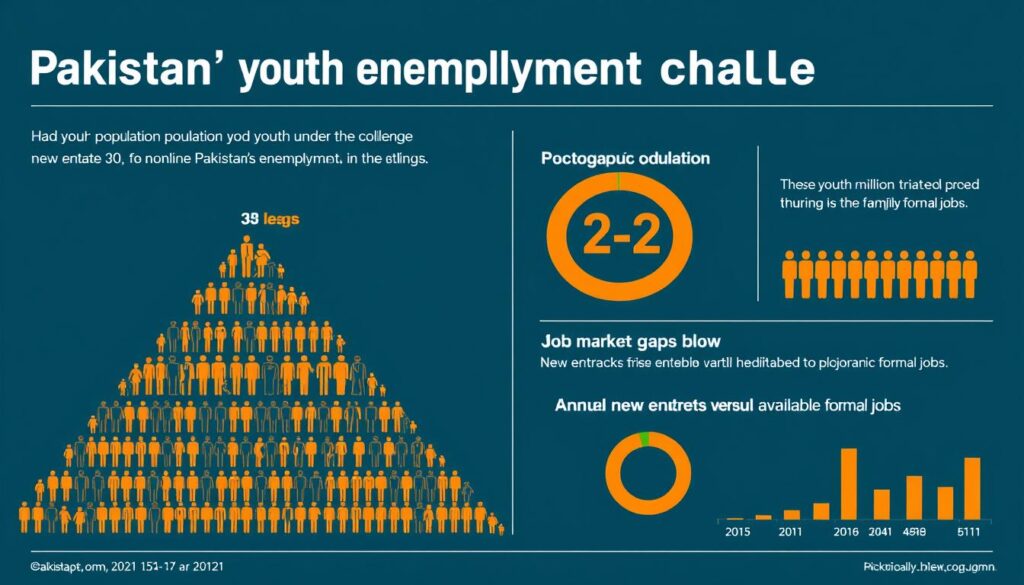 Visual representation of Pakistan's youth unemployment challenge showing demographic pyramid and job market gaps