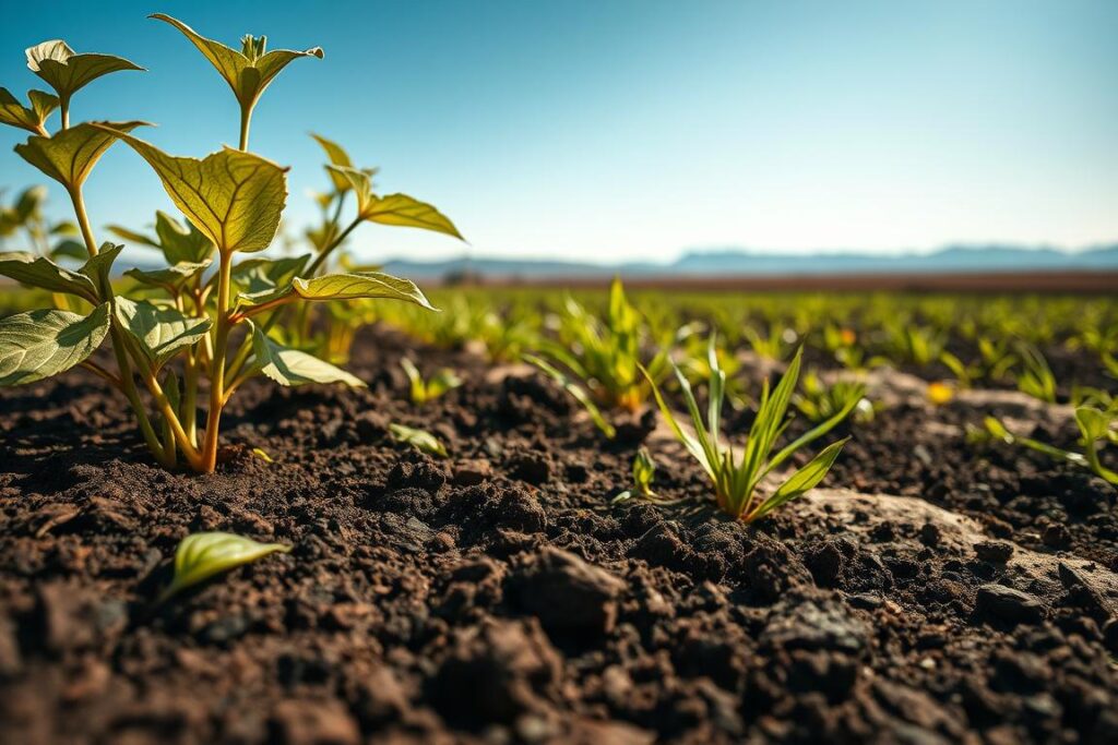 A close-up of nutrient-deficient soil, showcasing visibly stressed plants with yellowing leaves and stunted growth. In the foreground, dark brown soil contrasted with patches of lighter, nutrient-poor soil illustrates the problem. The middle ground features wilted crops struggling under harsh sunlight, emphasizing the negative impacts of nutrient shortages. The background is a blurred landscape of barren fields and distant mountains under a clear blue sky, symbolizing a broader agricultural crisis. The lighting is bright and harsh, creating a stark contrast between the healthy and unhealthy vegetation. The mood conveys urgency and concern regarding soil health, highlighting the dire consequences of nutrient deficiency in farming practices.