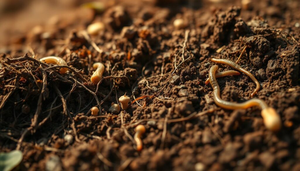 A detailed microscopic view of rich, dark brown soil teeming with organic matter. In the foreground, a dense network of fine roots, decaying plant matter, and thriving microorganisms. The middle ground reveals earthworms, fungi, and soil bacteria, all contributing to the decomposition process. In the background, a hazy, earthy backdrop provides context, with subtle hints of mineral particles and soil structure. Warm, natural lighting casts a soft, diffused glow, accentuating the intricate textures and vibrant colors of the living, breathing soil ecosystem. Captured with a high-resolution macro lens, this image showcases the vital importance of organic matter in maintaining long-term soil health and fertility.