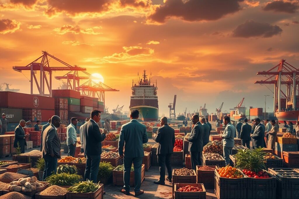 A dramatic scene depicting a large, diverse marketplace set against a backdrop of a global trade map. In the foreground, farmers and merchants in professional business attire are engaged in animated discussions over crops and goods. The middle ground features an array of agricultural products like grains, fruits, and vegetables piled high in crates, emphasizing a bustling trade atmosphere. In the background, large shipping containers and cargo ships symbolize international trade routes, with flags from various countries hinting at the tensions of trade wars. The lighting is warm and vibrant, with a golden sunset casting long shadows, creating a tense yet hopeful mood. The scene should be captured from a slightly elevated angle, giving a comprehensive view of this intricate economic landscape.