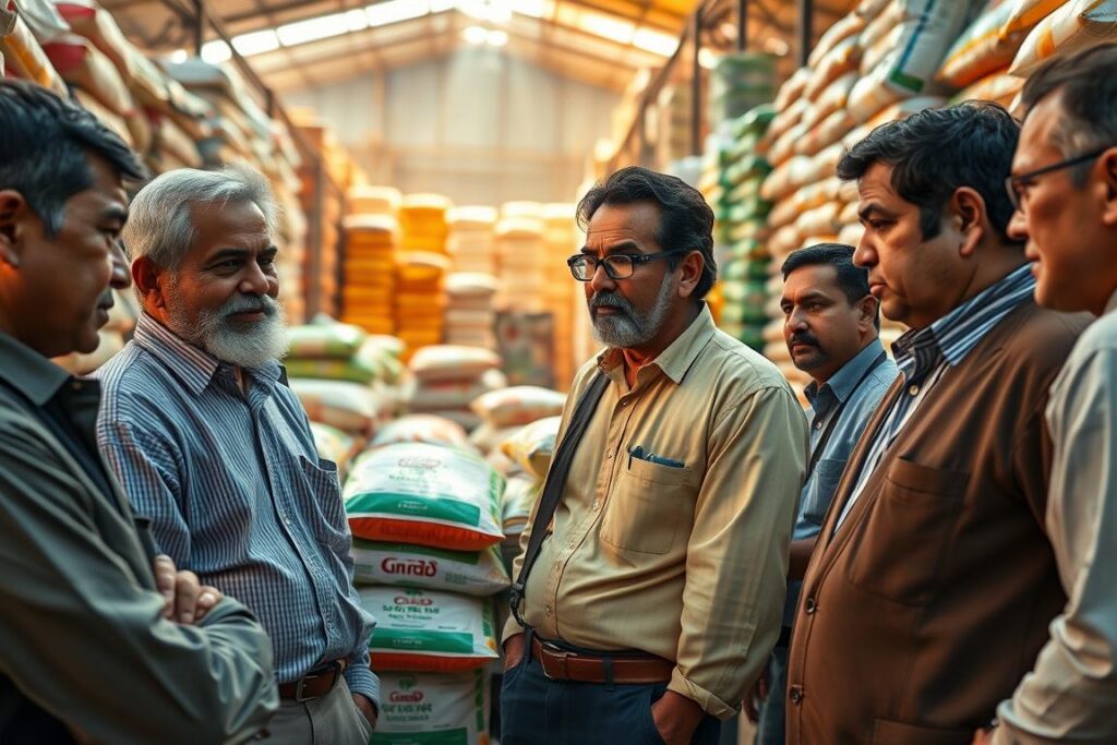 A dynamic fertilizer market scene illustrating concentration among key players. In the foreground, a diverse group of farmers in professional attire discuss strategies, their expressions reflecting concern over rising prices. In the middle ground, a vibrant display of bags labeled with various fertilizer brands creates a sense of competition, with some bags appearing more prominently than others, symbolizing market dominance. The background features a warehouse stacked high with agricultural supplies under warm, natural lighting, evoking a sense of urgency and importance. The angle is slightly tilted to add depth and perspective, infusing the atmosphere with tension and economic significance, capturing the essence of the global fertilizer crisis.