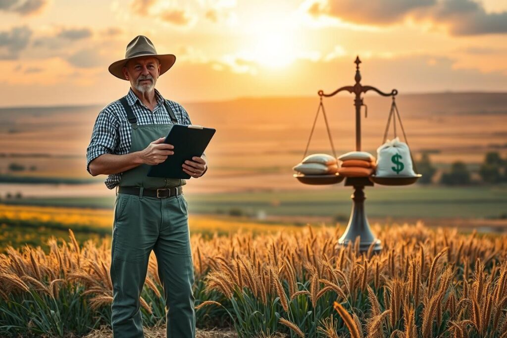 A dynamic scene illustrating agricultural tariffs as a conceptual visual metaphor. In the foreground, a farmer in modest, professional attire stands confidently, holding a clipboard filled with trade data. The middle ground features a large set of scales, balancing sacks of crops and symbols of currency, emphasizing the tension between agriculture and trade policies. The background depicts a vast agricultural landscape with various crops, gently illuminated by warm, golden sunlight, hinting at a hopeful yet complex future. The atmosphere is one of contemplation, with soft clouds overhead and a slight breeze suggested by the movement of crops. Use a wide-angle lens to capture the expansive vista, focusing on depth and the intricate details of the trade elements.