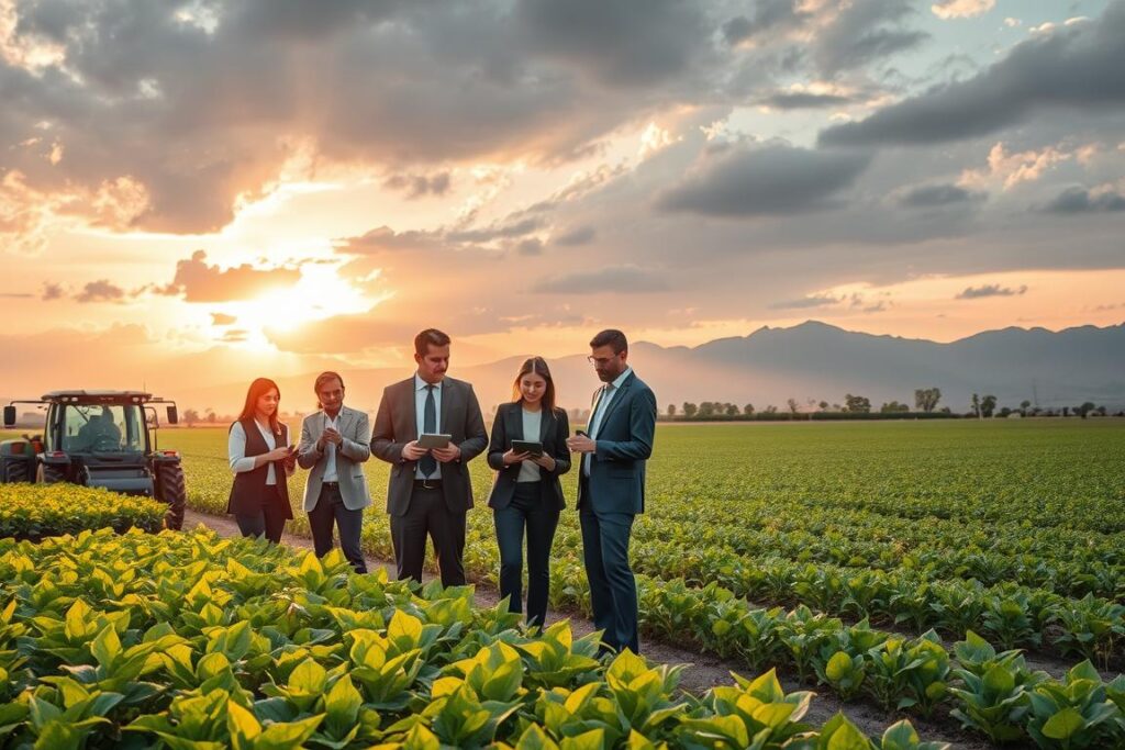 A futuristic agricultural landscape showcasing the impact of climate change on global agriculture economics. In the foreground, a diverse group of farmers in professional business attire, analyzing crops with digital tablets, surrounded by high-tech farming equipment. In the middle ground, robust fields with varying crop types demonstrating sustainable farming practices, alongside drought-resistant plants. The background features a dramatic sky with a mix of sunlight breaking through clouds, symbolizing hope amidst challenges, and mountains in distance depicting the changing climate. The lighting is warm and inviting, capturing a sunrise effect, with a slightly elevated angle for a comprehensive view of the agricultural systems in action. The mood reflects determination and innovation in facing climate challenges.