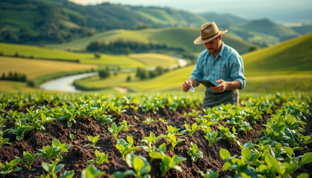 A lush, verdant field with rolling hills and meandering streams in the background. In the foreground, a farmer meticulously examines the soil, holding a pH test kit. The lighting is soft and natural, creating a serene, educational atmosphere. The scene conveys the importance of understanding and managing soil pH for optimal plant growth. Intricate details of the soil texture, organic matter, and mineral composition are clearly visible, inviting the viewer to appreciate the complex science behind successful agriculture.