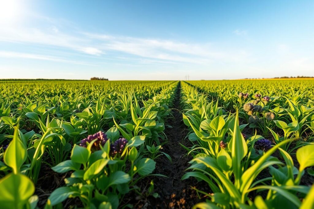 A lush, verdant field with rows of diverse cover crops in full bloom, including vibrant legumes, grasses, and brassicas. The foreground showcases the intricate intertwining of the plant stems and leaves, creating a tapestry of textures and colors. In the middle ground, the cover crops are complemented by the rich, dark soil, revealing the benefits of this sustainable practice. The background features a cloudless, azure sky with soft, diffused lighting, casting a warm, natural glow over the entire scene. The composition captures the essence of cover cropping, highlighting the visual harmony and the vital role it plays in modern, sustainable agriculture.