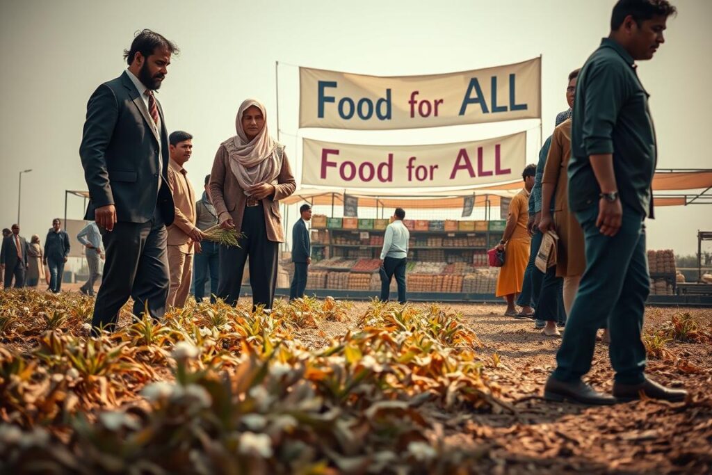 A poignant scene illustrating the pandemic's impact on food security, featuring a diverse group of individuals in professional and modest casual attire. In the foreground, a worried farmer surveys with concern a barren field, holding a wilting crop. The middle ground shows a bustling urban market, now empty and desolate, highlighting the contrast between abundance and scarcity, with food items like fresh vegetables and grains visibly reduced. In the background, a faded banner reads "Food for All," symbolizing the struggle for access to nourishment. Soft, diffused lighting creates a somber atmosphere, with shadows extending across the ground to enhance the emotional weight of the scene. The angle captures both despair and resilience, focusing on the human element confronting economic challenges in a post-pandemic world. A poignant scene illustrating the pandemic's impact on food security, featuring a diverse group of individuals in professional and modest casual attire. In the foreground, a worried farmer surveys with concern a barren field, holding a wilting crop. The middle ground shows a bustling urban market, now empty and desolate, highlighting the contrast between abundance and scarcity, with food items like fresh vegetables and grains visibly reduced. In the background, a faded banner reads "Food for All," symbolizing the struggle for access to nourishment. Soft, diffused lighting creates a somber atmosphere, with shadows extending across the ground to enhance the emotional weight of the scene. The angle captures both despair and resilience, focusing on the human element confronting economic challenges in a post-pandemic world.