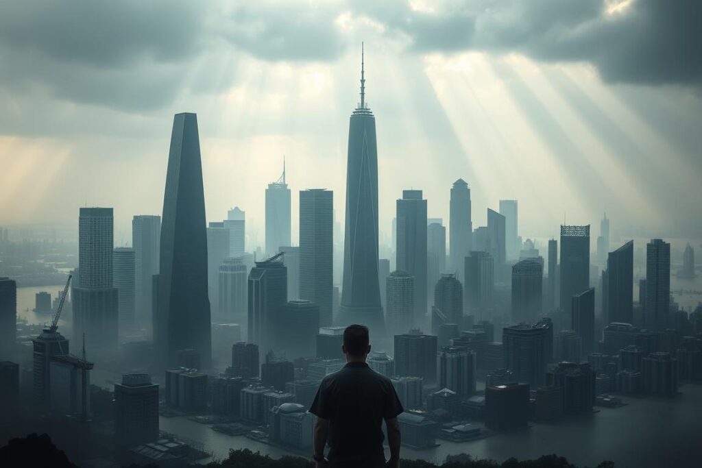 A sprawling metropolis, its towering skyscrapers shrouded in a hazy, oppressive smog. Rising seas lapping at the city's crumbling foundations, as flooding encroaches upon the once-bustling streets. In the foreground, a lone figure gazes out, shoulders slumped, a stark symbol of the human cost of climate change. The sky above, a muted, ominous palette of grays and blues, conveys a sense of foreboding. Beams of sunlight struggle to penetrate the thick, polluted atmosphere, casting an eerie, dystopian glow over the scene. The image stands as a haunting representation of the far-reaching effects of a warming planet, a cautionary tale of the consequences we face if we fail to act.