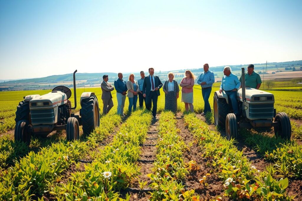 A sunlit agricultural field in the foreground, with worn but well-maintained farming equipment like tractors and plows, symbolizing the struggle for labor. In the middle, diverse groups of farmers in professional business attire and modest casual clothing, showcasing their determination, discussing strategies to overcome labor shortages. In the background, distant farms and green fields under a clear blue sky, hinting at the vast agricultural landscape that faces challenges. The lighting is warm and inviting, evoking a sense of urgency mixed with hope. The scene captures the mood of resilience and collaboration, reflecting the economic drivers behind the agricultural labor crisis while emphasizing the human element in addressing these pressing issues.