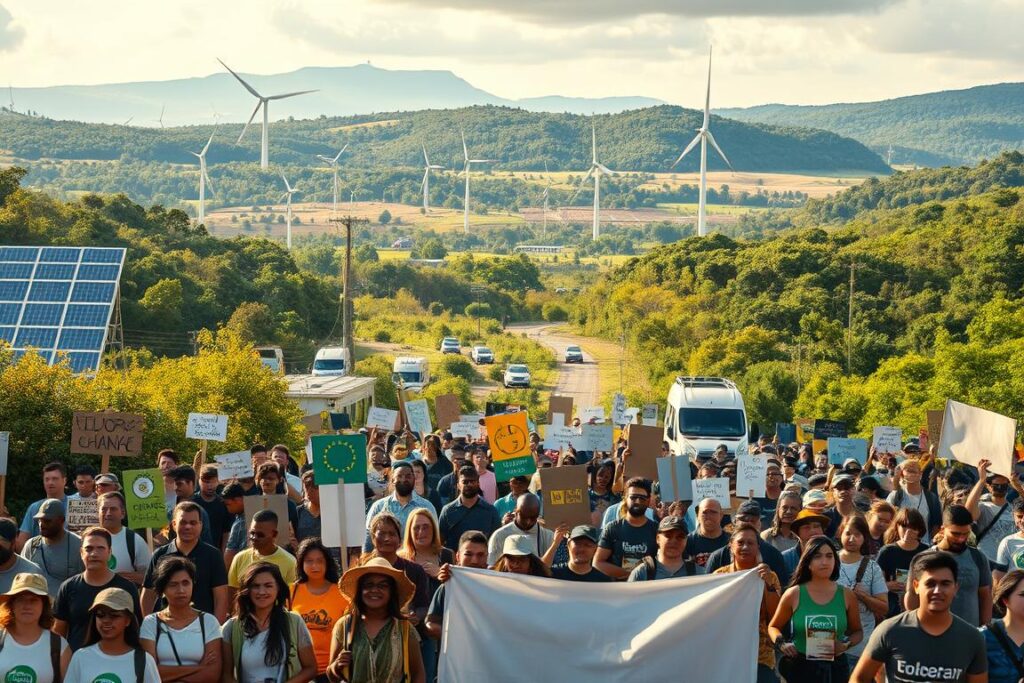 A sweeping landscape showcasing the global response to climate change. In the foreground, people of diverse backgrounds march with signs and banners, their determined expressions conveying a sense of unity and urgency. The middle ground features a range of renewable energy infrastructure - solar panels, wind turbines, and electric vehicles - symbolizing the transition to a sustainable future. In the distant background, lush forests and thriving ecosystems suggest the possibility of environmental restoration. The scene is bathed in warm, golden light, evoking a mood of hope and optimism amidst the challenges posed by climate change.