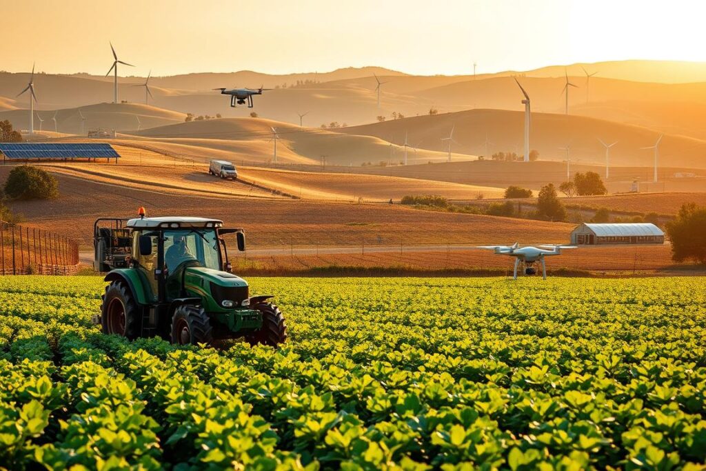 A vibrant and dynamic agricultural landscape showcasing advanced farming technologies. In the foreground, a tractor equipped with precision farming tools works efficiently in a field of lush crops, emphasizing innovation. In the middle ground, a diverse blend of smart irrigation systems and drones monitoring crop health can be seen, highlighting the integration of technology in farming practices. The background features rolling hills dotted with solar panels and wind turbines, representing sustainable energy use in agriculture. The scene is illuminated by warm, golden sunlight, casting long shadows and creating a sense of hope and progress. The mood is optimistic, reflecting the positive impact of technology on land valuation and farming efficiency. The angle captures a wide perspective, emphasizing the scale of modern advancements. A vibrant and dynamic agricultural landscape showcasing advanced farming technologies. In the foreground, a tractor equipped with precision farming tools works efficiently in a field of lush crops, emphasizing innovation. In the middle ground, a diverse blend of smart irrigation systems and drones monitoring crop health can be seen, highlighting the integration of technology in farming practices. The background features rolling hills dotted with solar panels and wind turbines, representing sustainable energy use in agriculture. The scene is illuminated by warm, golden sunlight, casting long shadows and creating a sense of hope and progress. The mood is optimistic, reflecting the positive impact of technology on land valuation and farming efficiency. The angle captures a wide perspective, emphasizing the scale of modern advancements.