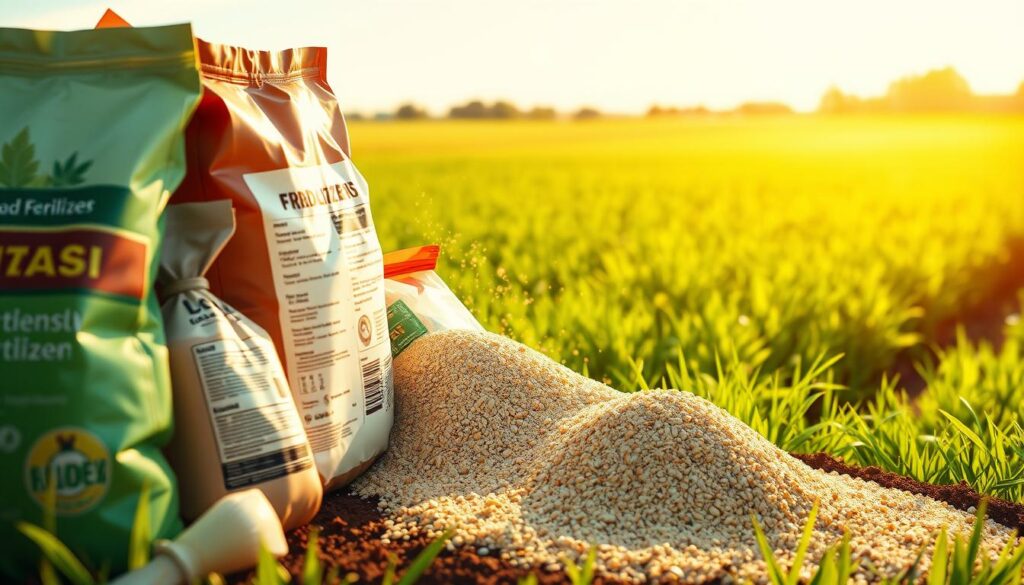 A well-lit, detailed illustration of synthetic fertilizers. In the foreground, a collection of various fertilizer bags and containers, their labels prominently displayed. The middle ground shows a close-up of granular fertilizer being poured from a bag, with a slight glow and depth-of-field blur. The background depicts a lush, verdant field, suggesting the application and effects of the synthetic nutrients. The lighting is warm and natural, capturing the functional and practical nature of these soil amendments. The overall composition and perspective convey a sense of informative clarity, suitable for illustrating a technical article on nutrient deficiencies and solutions.