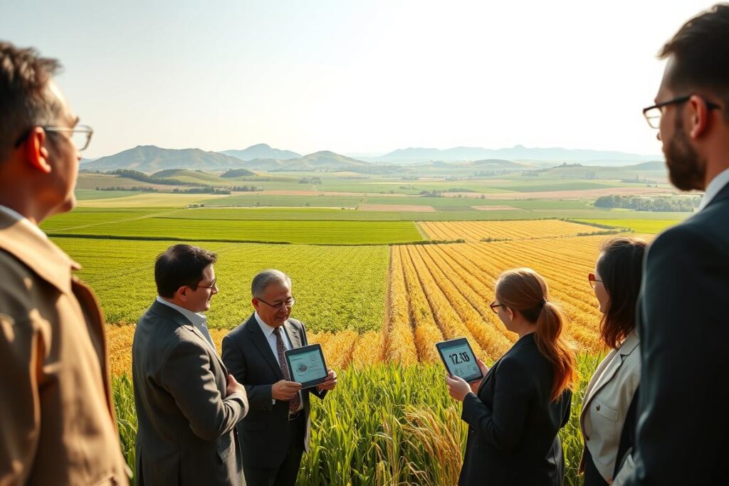 Aerial view of vast, green farmland transitioning into fields of various crops under a bright, clear sky, symbolizing global agricultural diversity. In the foreground, a diverse group of professionals in business attire—men and women—engage in a discussion while observing farmland statistics displayed on tablets. In the middle ground, a mix of farmland is visible, including rows of corn, wheat, and rice, subtly labeled to indicate different regions. In the background, rolling hills fade into soft-focus, representing the broader economic landscape. The scene is bathed in warm, natural sunlight, creating an optimistic and forward-looking atmosphere. Capture this from a slightly elevated, wide-angle perspective, emphasizing the scale of farmland and the collaborative spirit among the professionals. Aerial view of vast, green farmland transitioning into fields of various crops under a bright, clear sky, symbolizing global agricultural diversity. In the foreground, a diverse group of professionals in business attire—men and women—engage in a discussion while observing farmland statistics displayed on tablets. In the middle ground, a mix of farmland is visible, including rows of corn, wheat, and rice, subtly labeled to indicate different regions. In the background, rolling hills fade into soft-focus, representing the broader economic landscape. The scene is bathed in warm, natural sunlight, creating an optimistic and forward-looking atmosphere. Capture this from a slightly elevated, wide-angle perspective, emphasizing the scale of farmland and the collaborative spirit among the professionals.