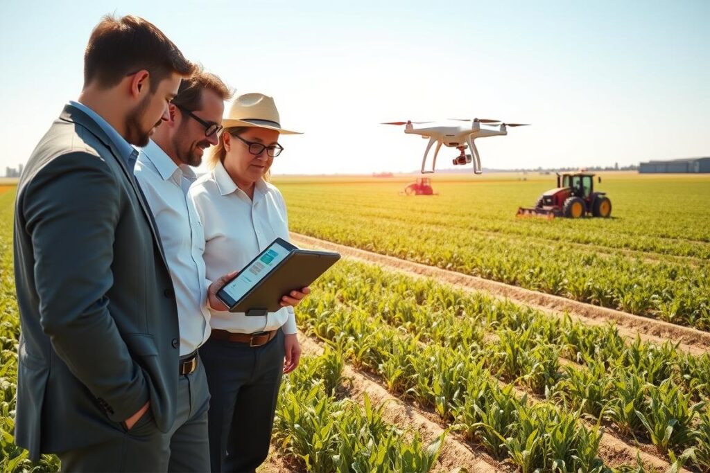 In the foreground, a diverse group of agricultural workers in professional business attire is engaged in a collaborative discussion, examining a tablet displaying data on crop yield and automation technologies. In the middle ground, futuristic farming machinery like drones and automated tractors are actively working the fields, highlighting technological advancements in agriculture. The background features expansive fields of crops under a bright blue sky, with a distant vista of a modern agritech facility. The lighting is bright and natural, emphasizing the optimism of innovation. The mood is dynamic and hopeful, illustrating the potential for technology to bridge the agricultural labor gap and enhance productivity. The scene captures the essence of modern challenges and solutions in agriculture, focusing on teamwork and innovation.